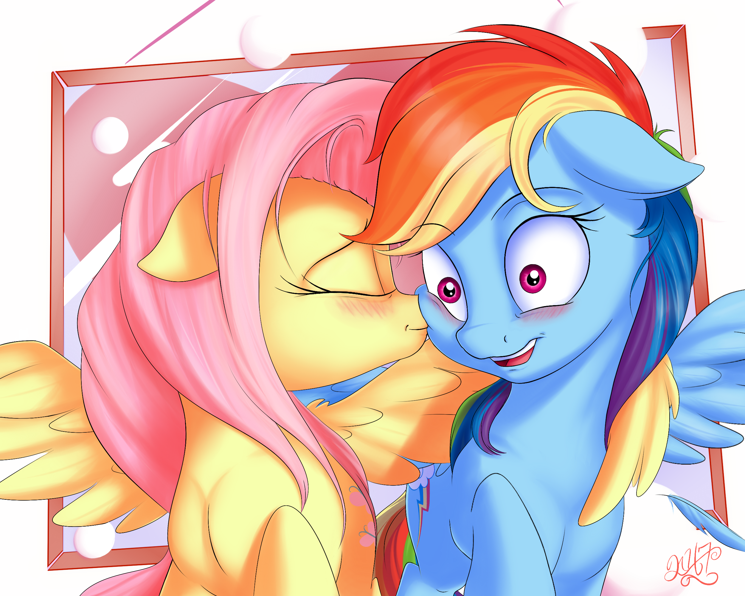 e621 2015 blue_feathers blue_fur blush cute cutie_mark duo equine eyes_closed feathered_wings feathers female female/female feral fluttershy_(mlp) friendship_is_magic fur hair hi_res horse kissing mammal mrardilla multicolored_hair my_little_pony open_mouth pegasus pink_eyes pink_hair pony rainbow_dash_(mlp) rainbow_hair smile using_wings wing_hug wings