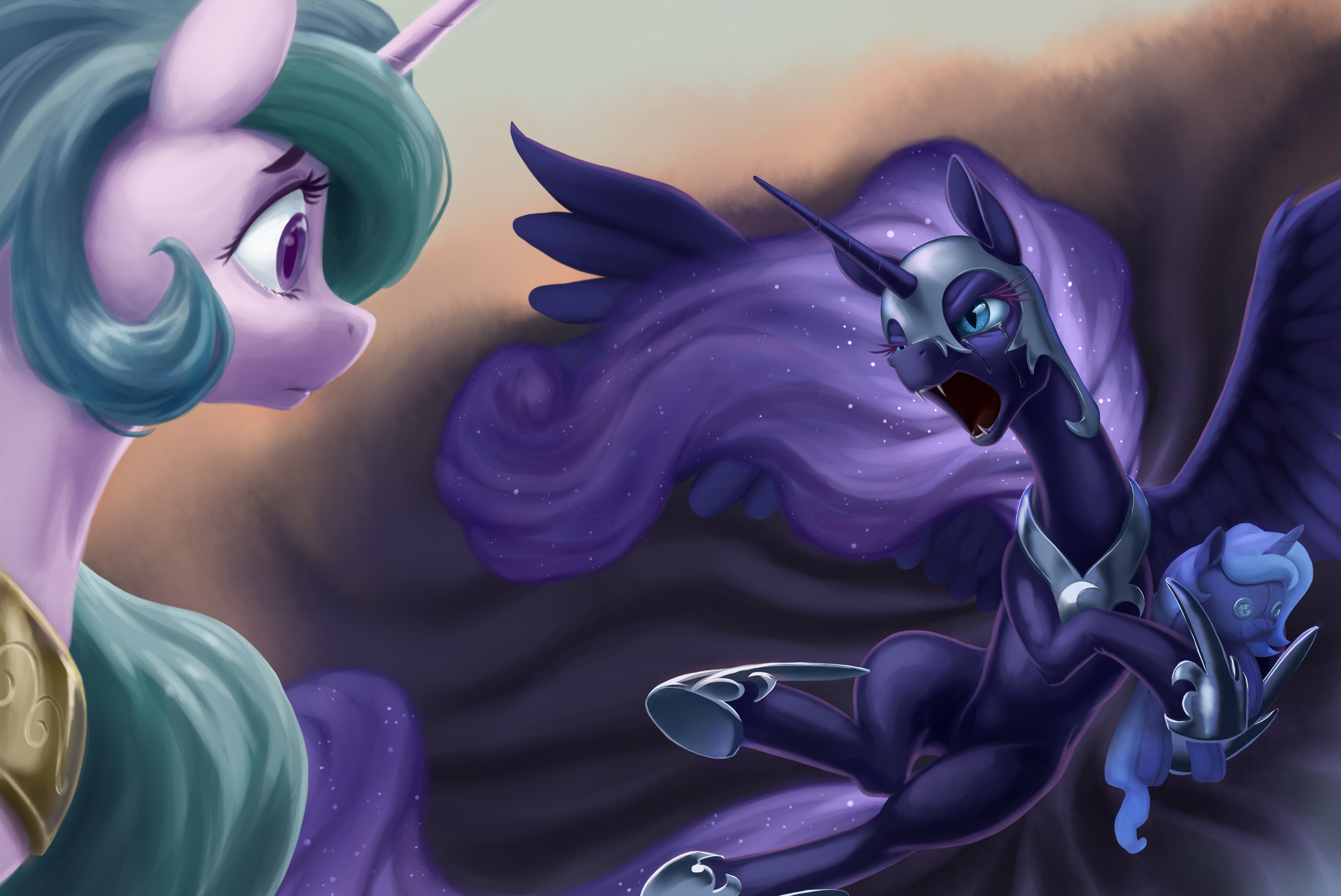 e621 armor duo equine feathered_wings feathers female feral friendship_is_magic hair hooves horn mammal my_little_pony nadnerbd nightmare_moon_(mlp) open_mouth plushie princess_celestia_(mlp) purple_hair teeth tongue unicorn winged_unicorn wings