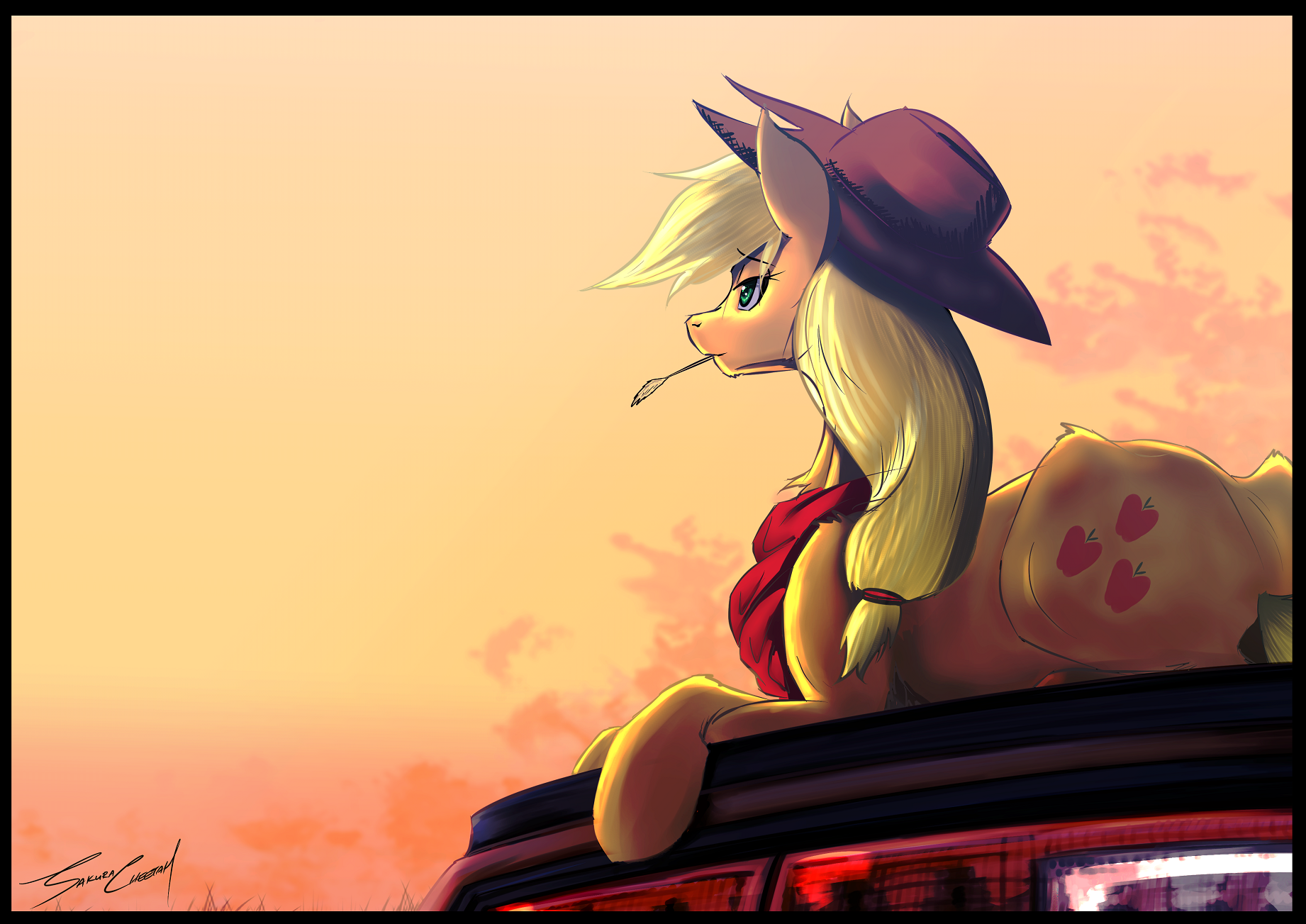 1418593__safe_artist-colon-sakuracheetah_applejack_bandana_prone_solo_straw_sunset.png