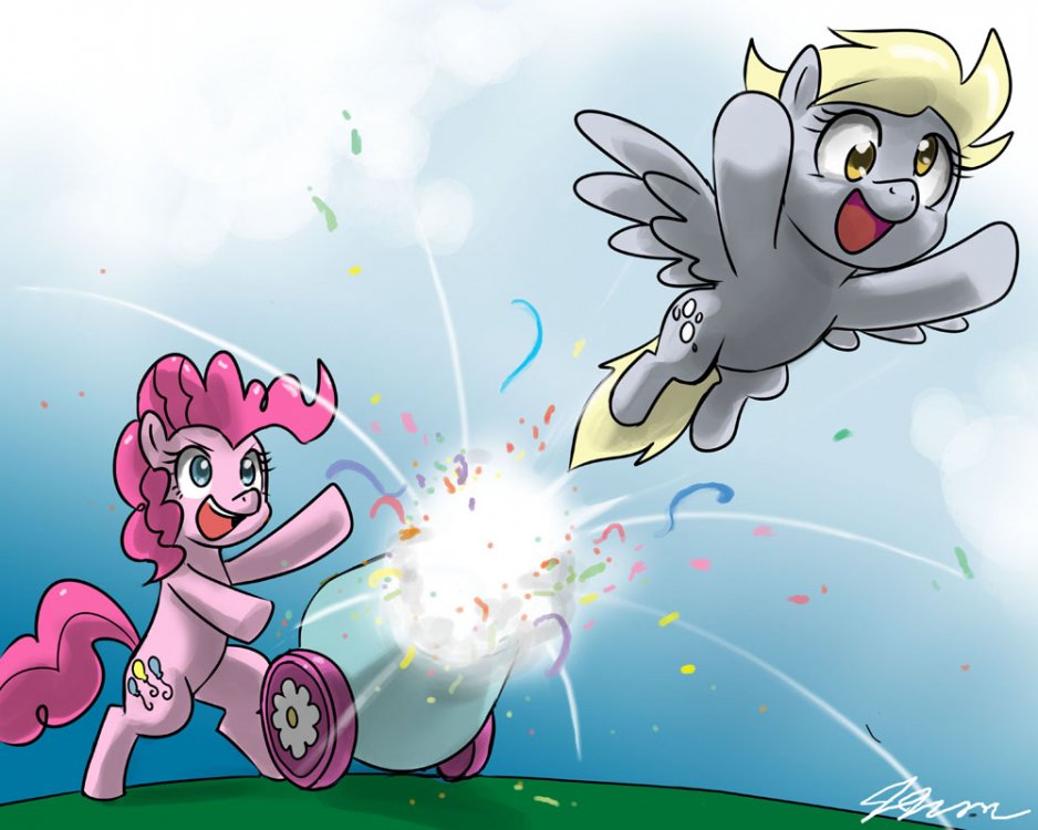 429124__safe_artist-colon-johnjoseco_derpy+hooves_pinkie+pie_cannon_duo_female_mare_open+mouth_party+cannon_pegasus_pony_pony+cannonball.jpg