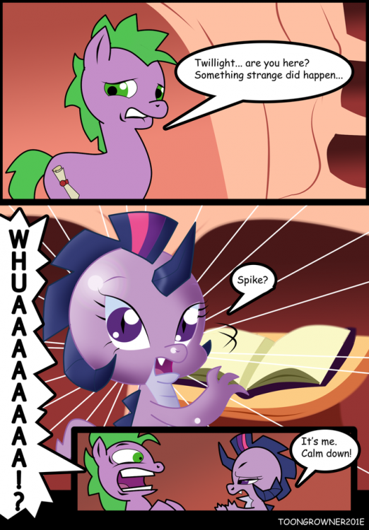 Twillight... are you here? Something strange did happern. Spike? It's me. Calm down! TOONGROWNER201E Spike Rarity Twilight Sparkle Fluttershy Pony comics cartoon mammal fictional character vertebrate text horse like mammal comic book fiction