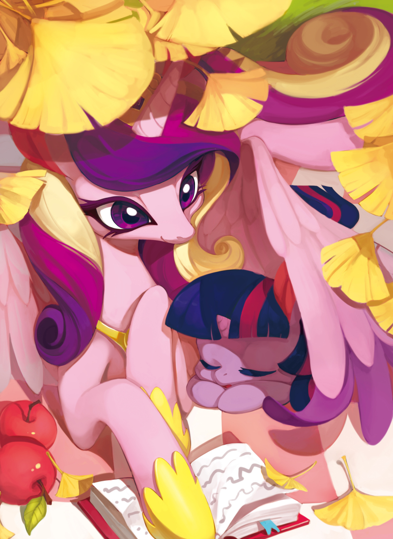 e621 2015 apple book ciciya cute duo equine eyes_closed feathered_wings feathers female feral food friendship_is_magic fruit hair horn leaves lying mammal multicolored_hair my_little_pony open_mouth princess_cadance_(mlp) sleeping smile twilight_sparkle_(mlp) unicorn winged_unicorn wings