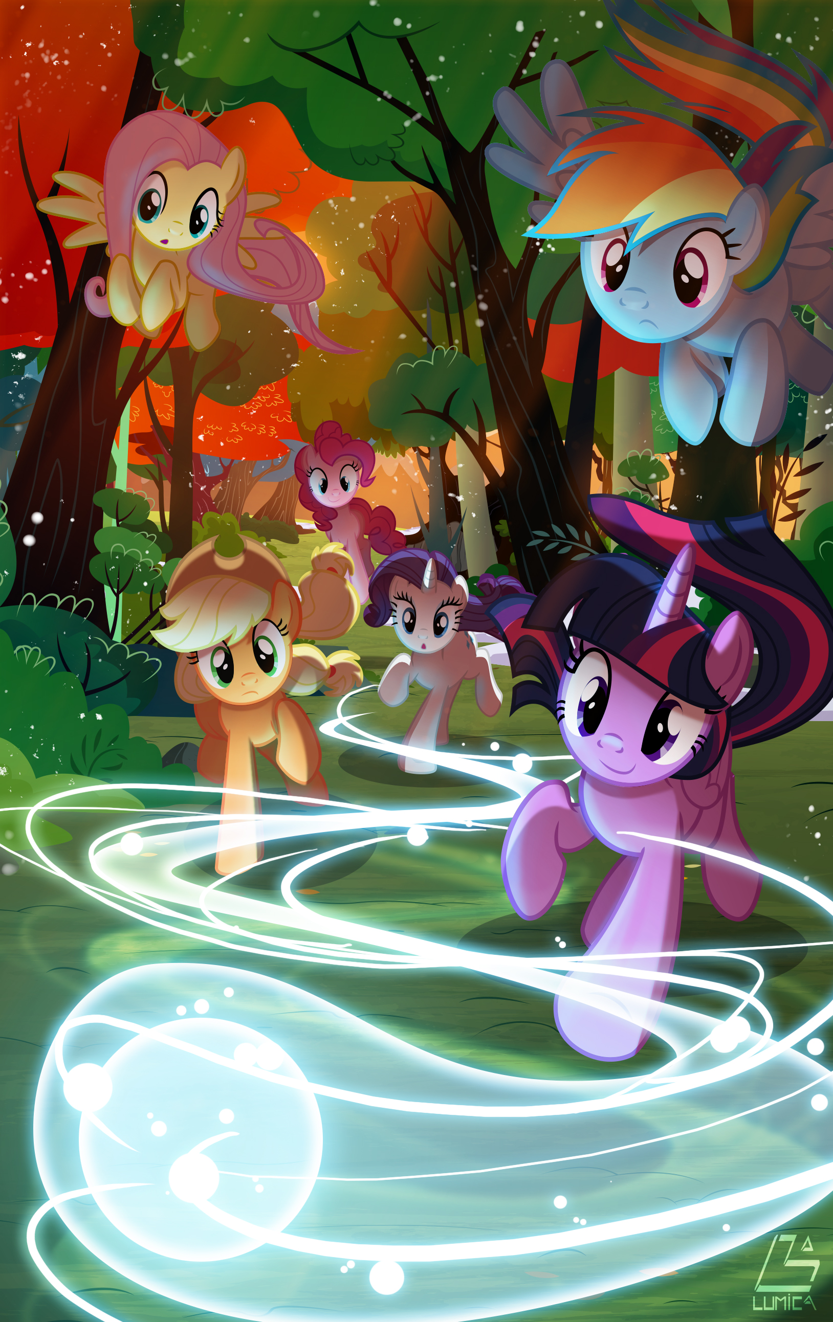 e621 2015 absurd_res applejack_(mlp) blue_fur detailed_background earth_pony equine feathered_wings feathers female feral fluttershy_(mlp) flying forest friendship_is_magic fur glowing group hair hi_res horn horse light light262 magic mammal multicolored_hair my_little_pony outside pegasus pinkie_pie_(mlp) pony purple_hair rainbow_dash_(mlp) rainbow_hair rarity_(mlp) tree twilight_sparkle_(mlp) two_tone_hair unicorn winged_unicorn wings