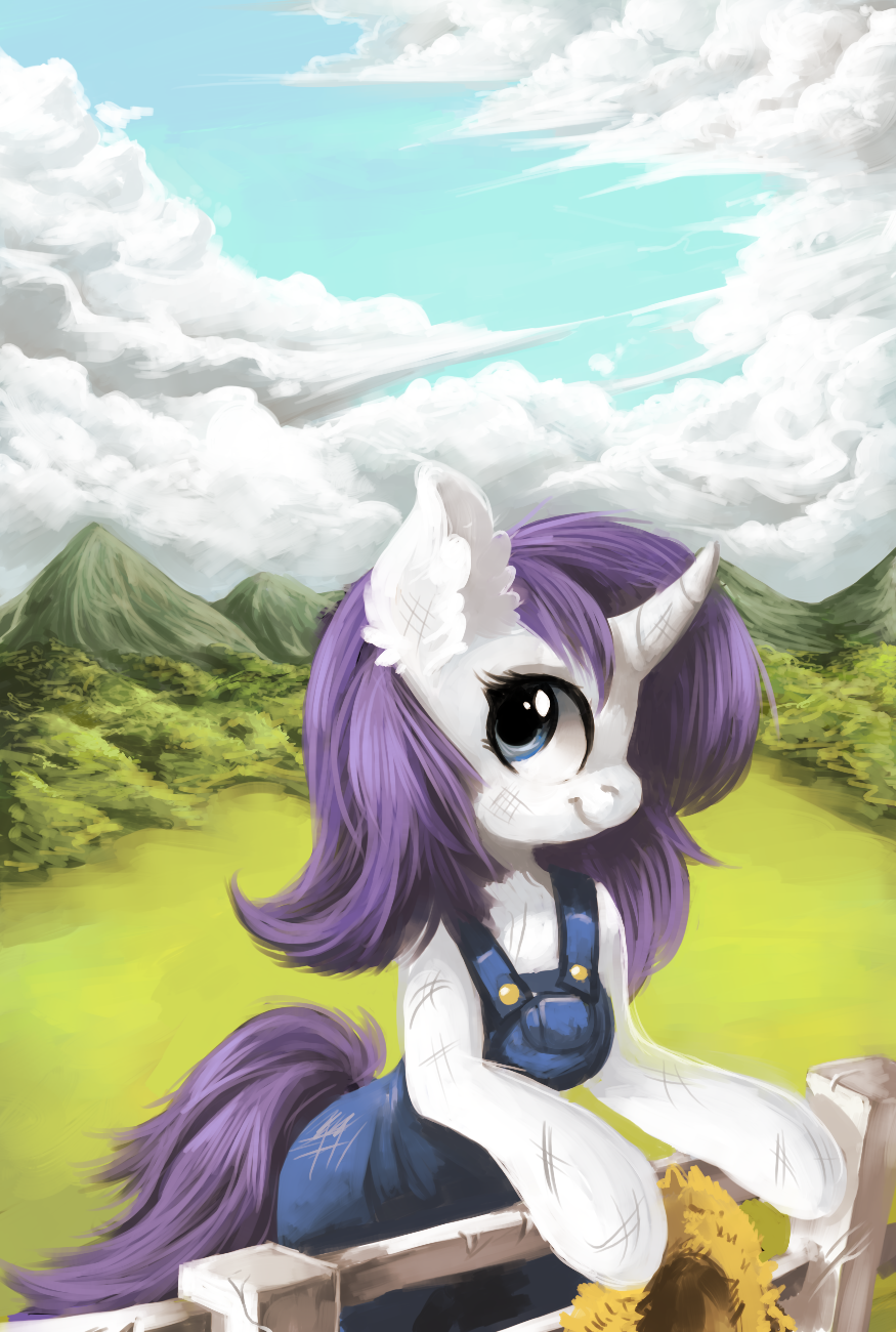 e621 clothed clothing day detailed_background equine female fence feral friendship_is_magic fur grass hair hooves horn locksto mammal my_little_pony purple_hair rarity_(mlp) sky smile solo unicorn white_fur