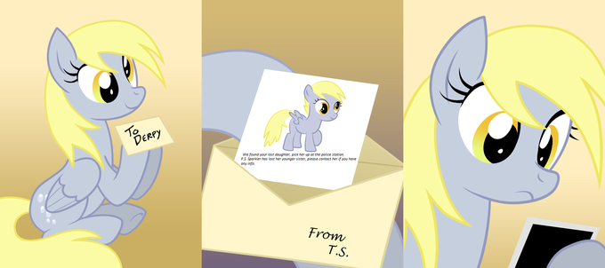 ve We found your lost daughter, pick her up at the police station. P.S. Sparkler has lost her younger sister, please contact her if you have any info. From T.S Derpy Hooves Pinkie Pie yellow cartoon mammal text vertebrate horse like mammal art graphic design font