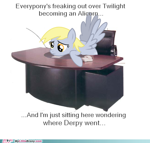 Everypony's freaking out over Twilight becoming an Alicorn... ...And I'm just sitting here wondering where Derpy went... MyLittleBrony.com Table furniture table text