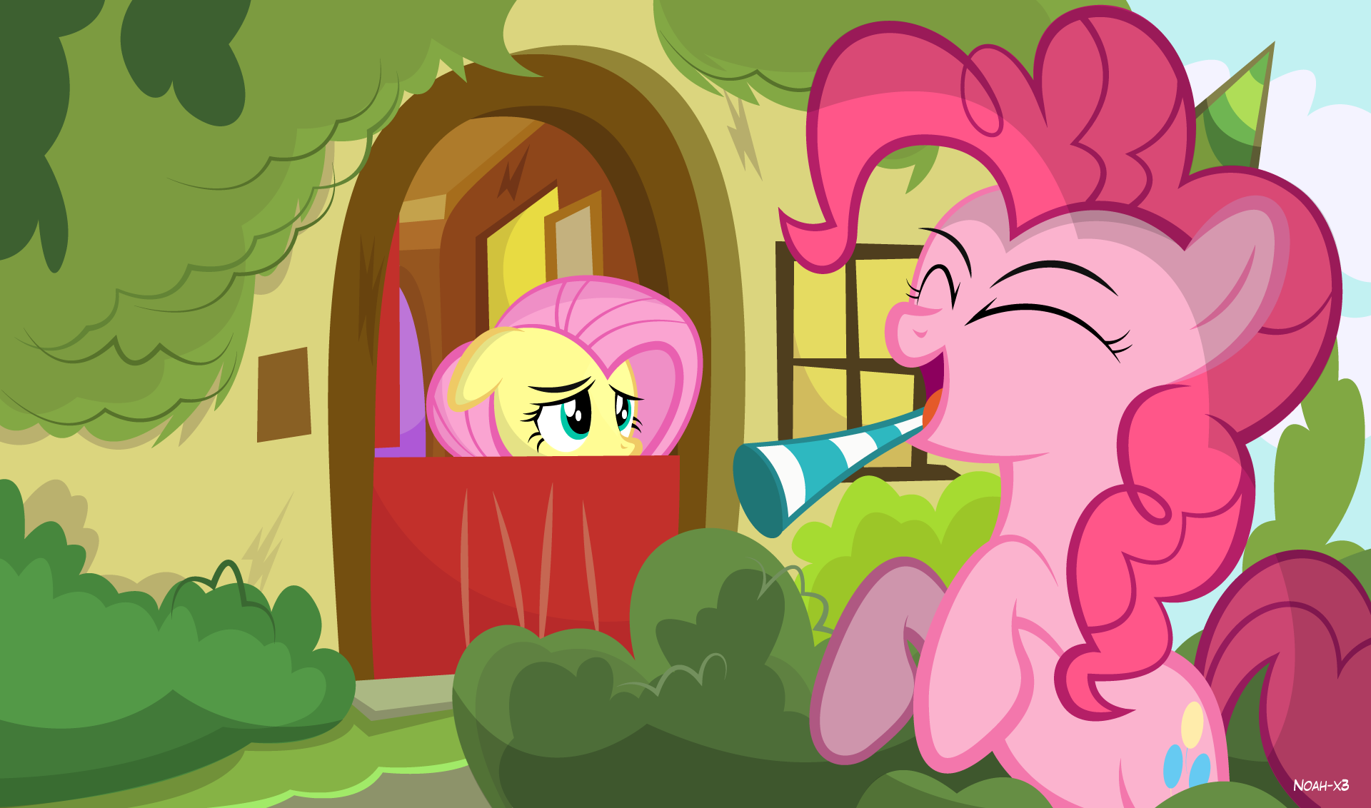 e621 cutie_mark duo earth_pony equine female feral fluttershy_(mlp) friendship_is_magic hair horse long_hair mammal my_little_pony noah-x3 open_mouth outside pink_hair pinkie_pie_(mlp) pony