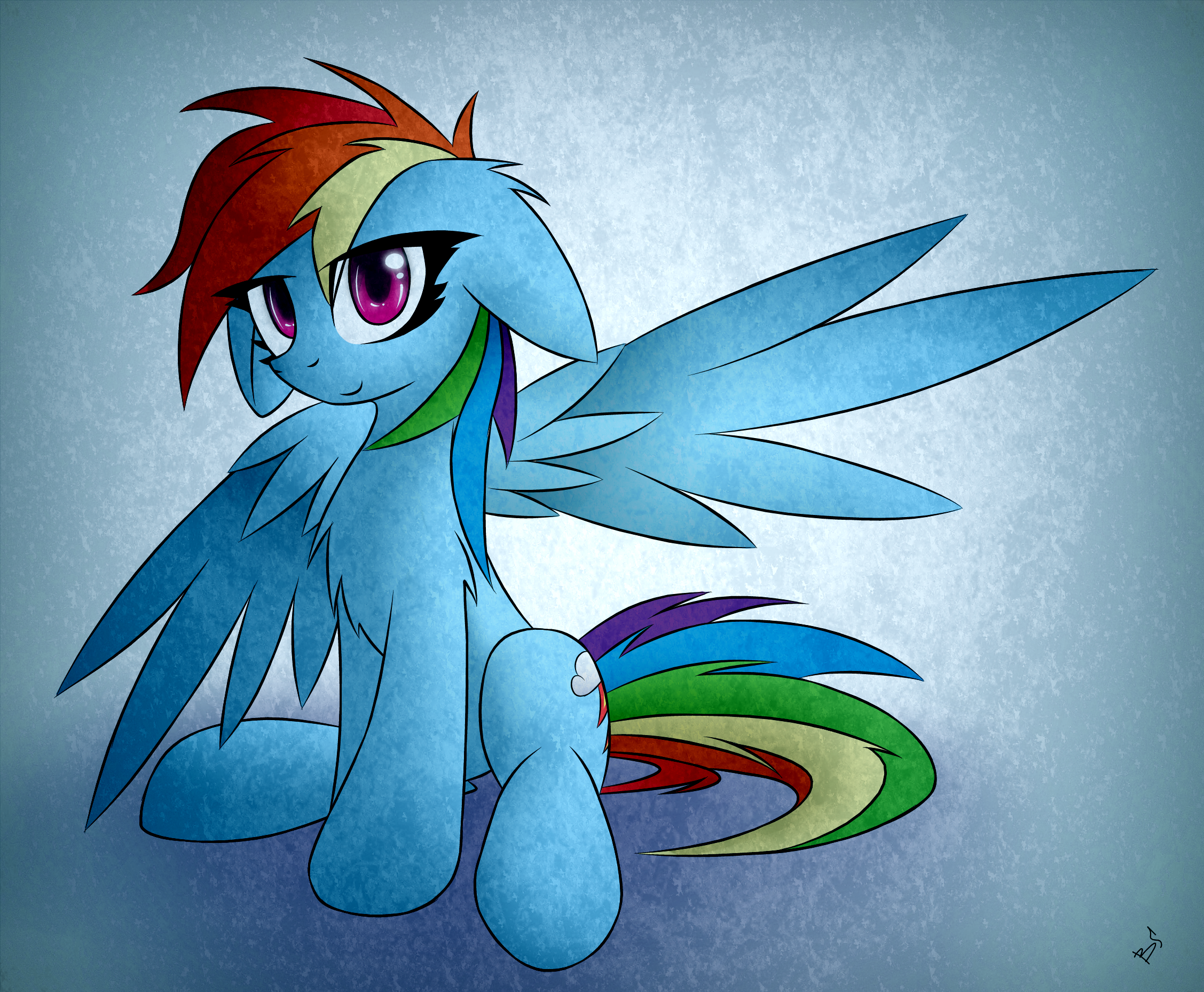 e621 blue_feathers blue_fur cutie_mark equine feathered_wings feathers female feral friendship_is_magic fur hair mammal multicolored_hair my_little_pony pegasus purple_eyes queenbloodysky rainbow_dash_(mlp) rainbow_hair smile solo wings
