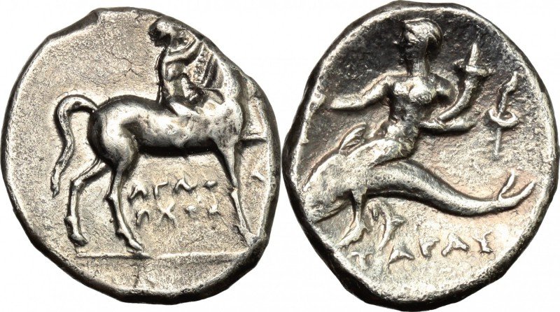 Greek Italy. Southern Apulia, Tarentum. AR Nomos, 272-240 BC. D/ Horseman right,...