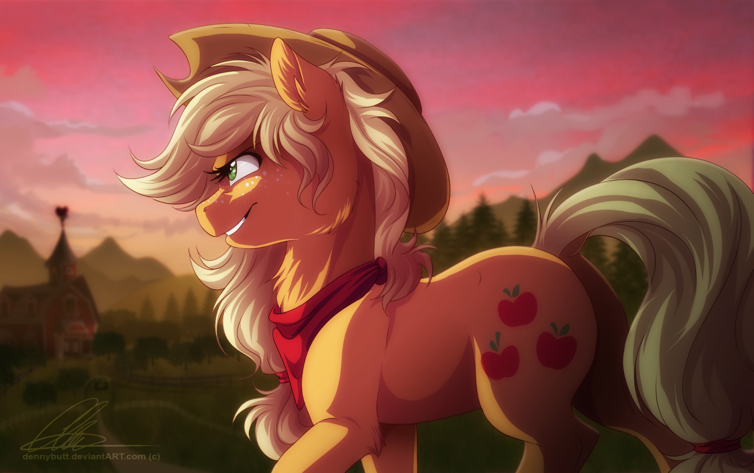 e621 2014 applejack_(mlp) barn blonde_hair cloud cowboy_hat cutie_mark dennyvixen earth_pony equine female fence feral freckles friendship_is_magic fur green_eyes hair hat horse mammal my_little_pony orange_fur outside pony sky smile solo tree