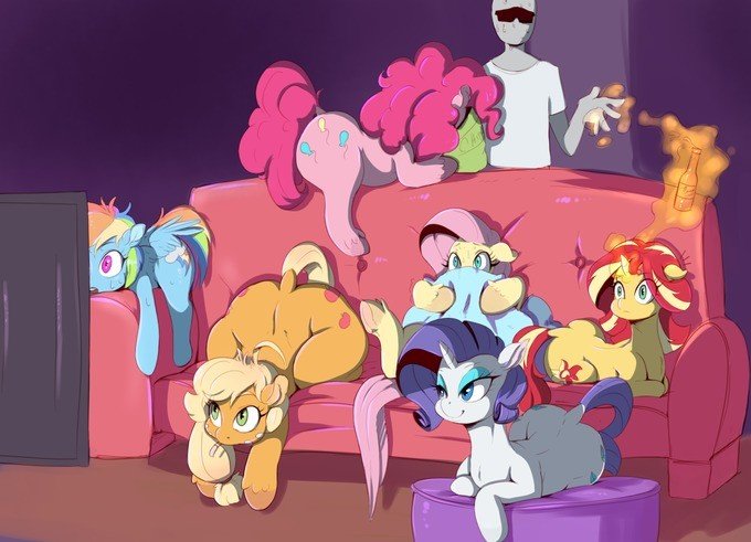 e621 anon applejack_(mlp) big_butt bottle butt cutie_mark earth_pony eating equestria_girls equine eyewear female feral fluttershy_(mlp) friendship_is_magic horn horse human male mammal my_little_pony pegasus pillow pinkie_pie_(mlp) pony rainbow_dash_(mlp) rarity_(mlp) scared sofa sundown_(artist) sunglasses sunset_shimmer_(eg) sweat unicorn wings