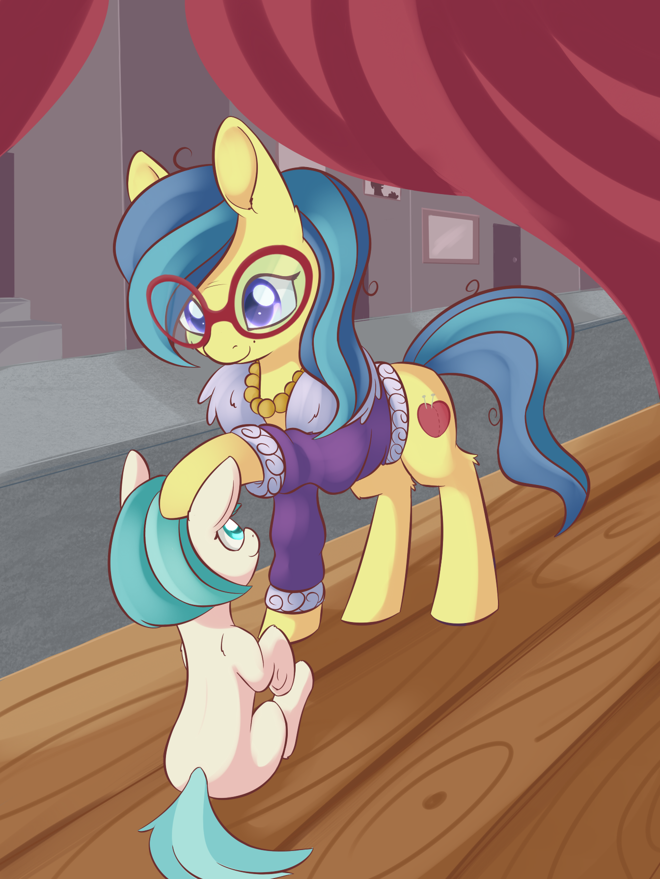 1403778__safe_artist-colon-xduskstarx_charity+kindheart_coco+pommel_made+in+manehattan_clothes_curtain_female_filly_glasses_pony_younger.png
