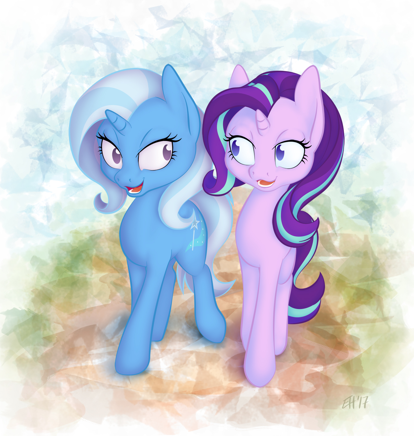 1412745__safe_artist-colon-gracewolf_starlight+glimmer_trixie_looking+at+each+other_open+mouth_path_walking.jpeg