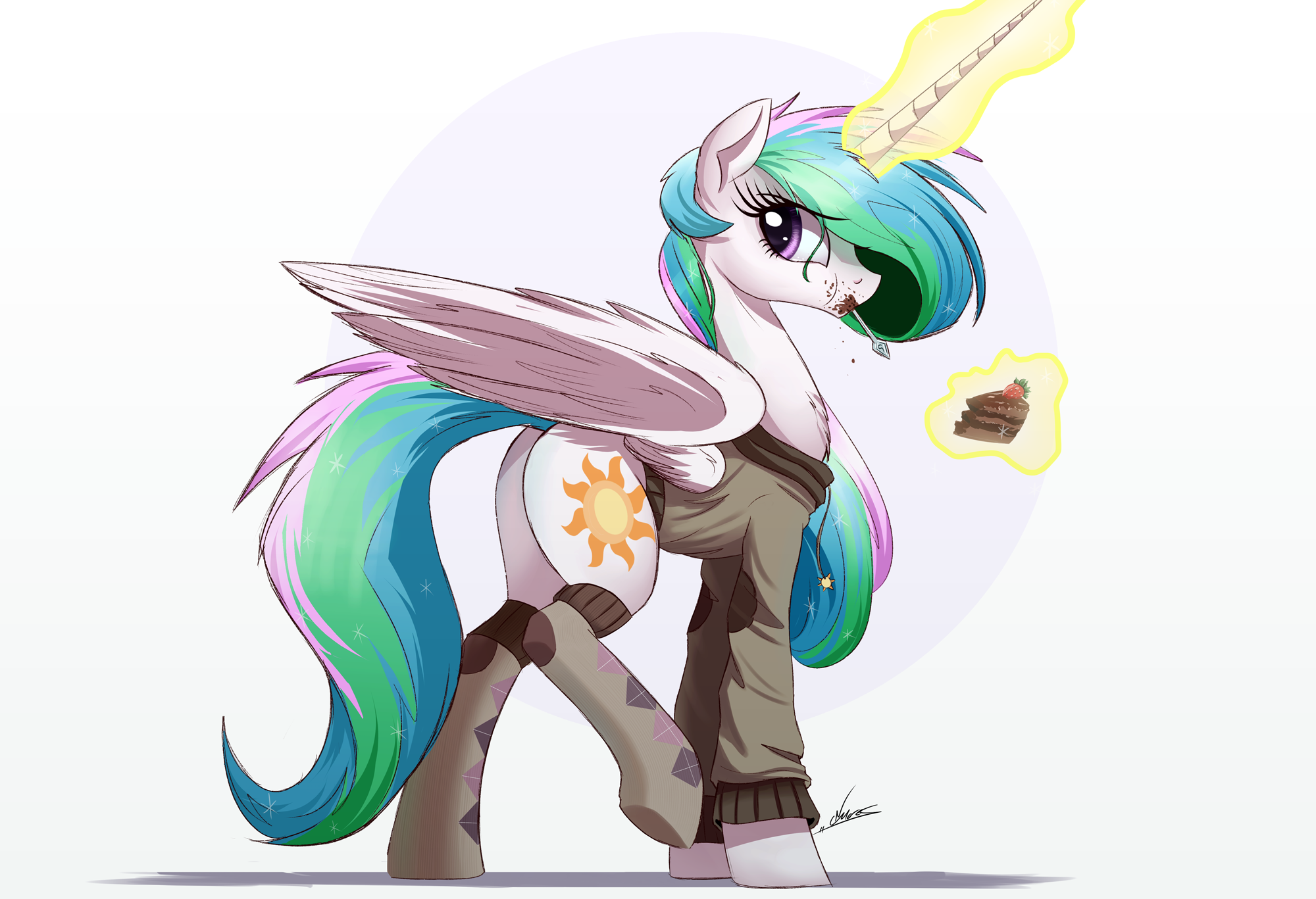 1414409__safe_artist-colon-ncmares_princess+celestia_alicorn_cake_cakelestia_clothes_food_magic_plot_pony_raised+hoof_simple+background_socks_solo_tele.png