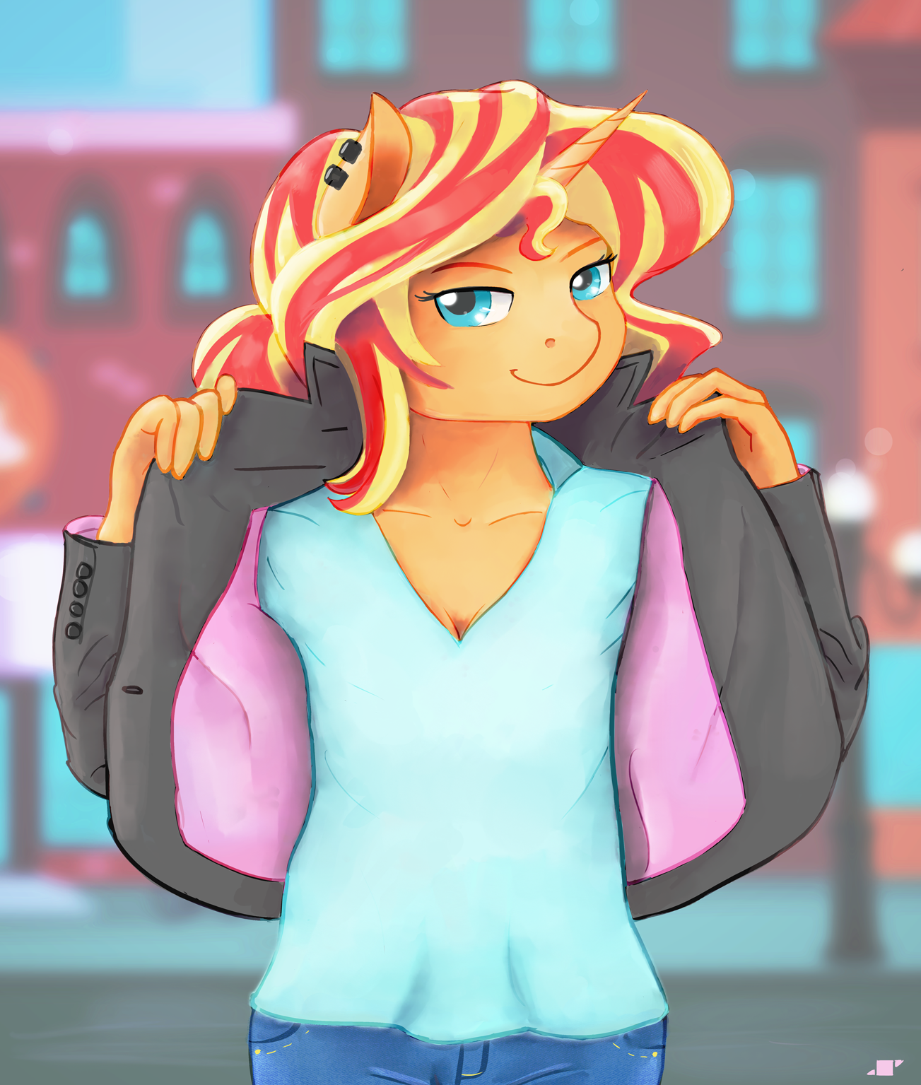 1415147__safe_artist-colon-shiropoint_sunset+shimmer_anthro_clothes_jacket_solo.png