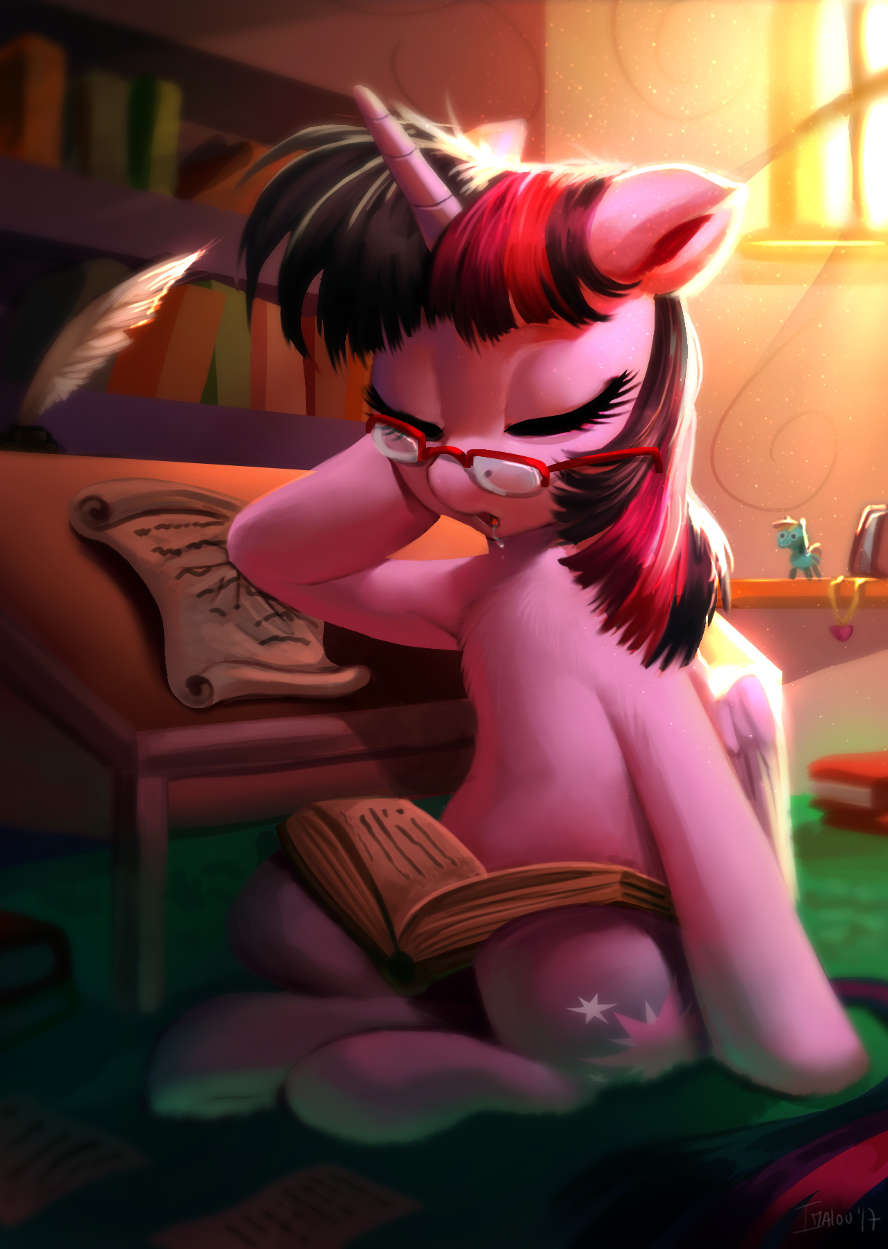 1416195__safe_artist-colon-imalou_rainbow+dash_twilight+sparkle_alicorn_book_cute_drool_female_glasses_letter_mare_morning_morning+ponies_pony_princess.jpeg