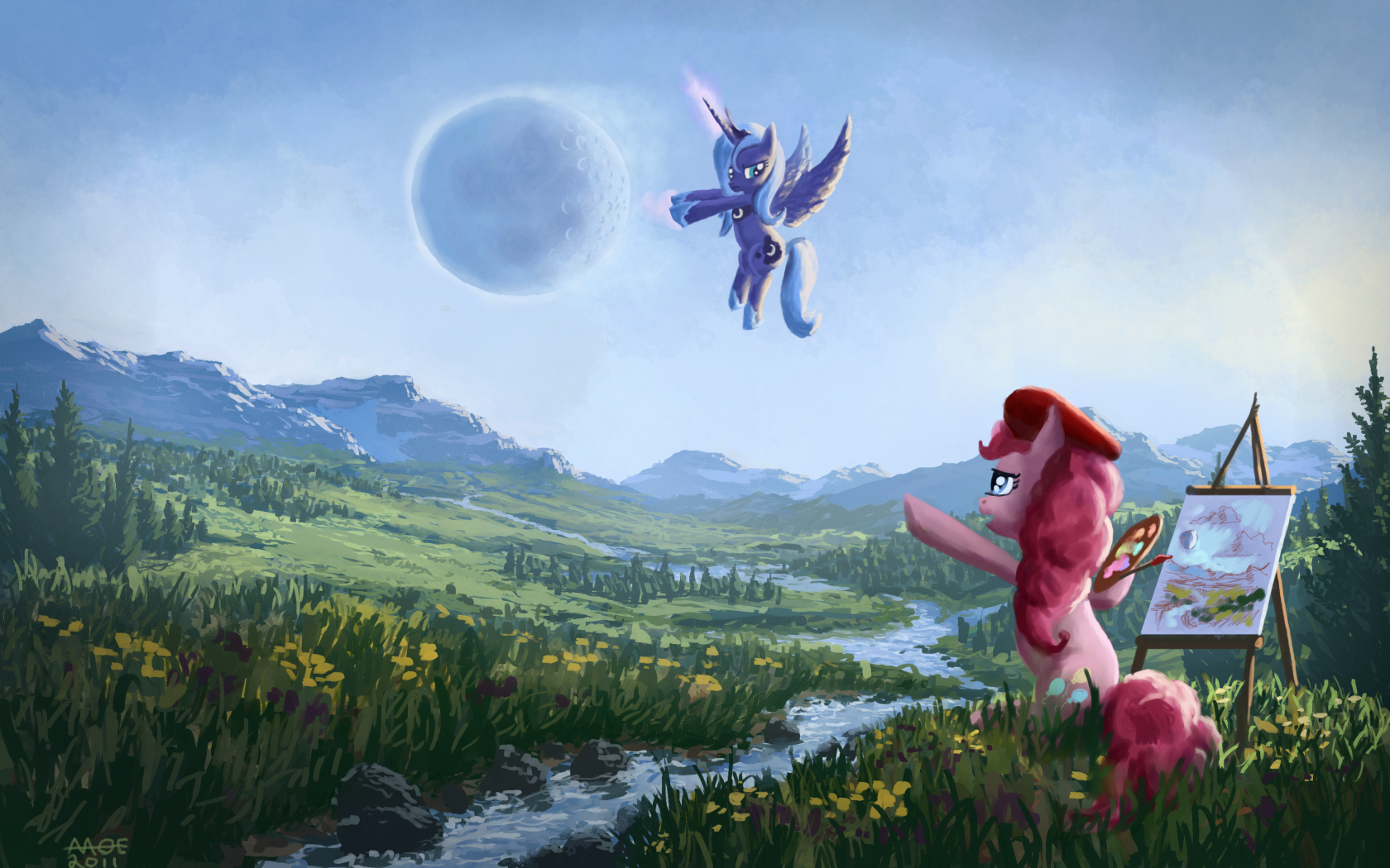 3__source+needed_safe_artist-colon-moe_pinkie+pie_princess+luna_alicorn_beret_celestial+mechanics_creek_duo_easel_featured+image_flower_flying_forest_f.png