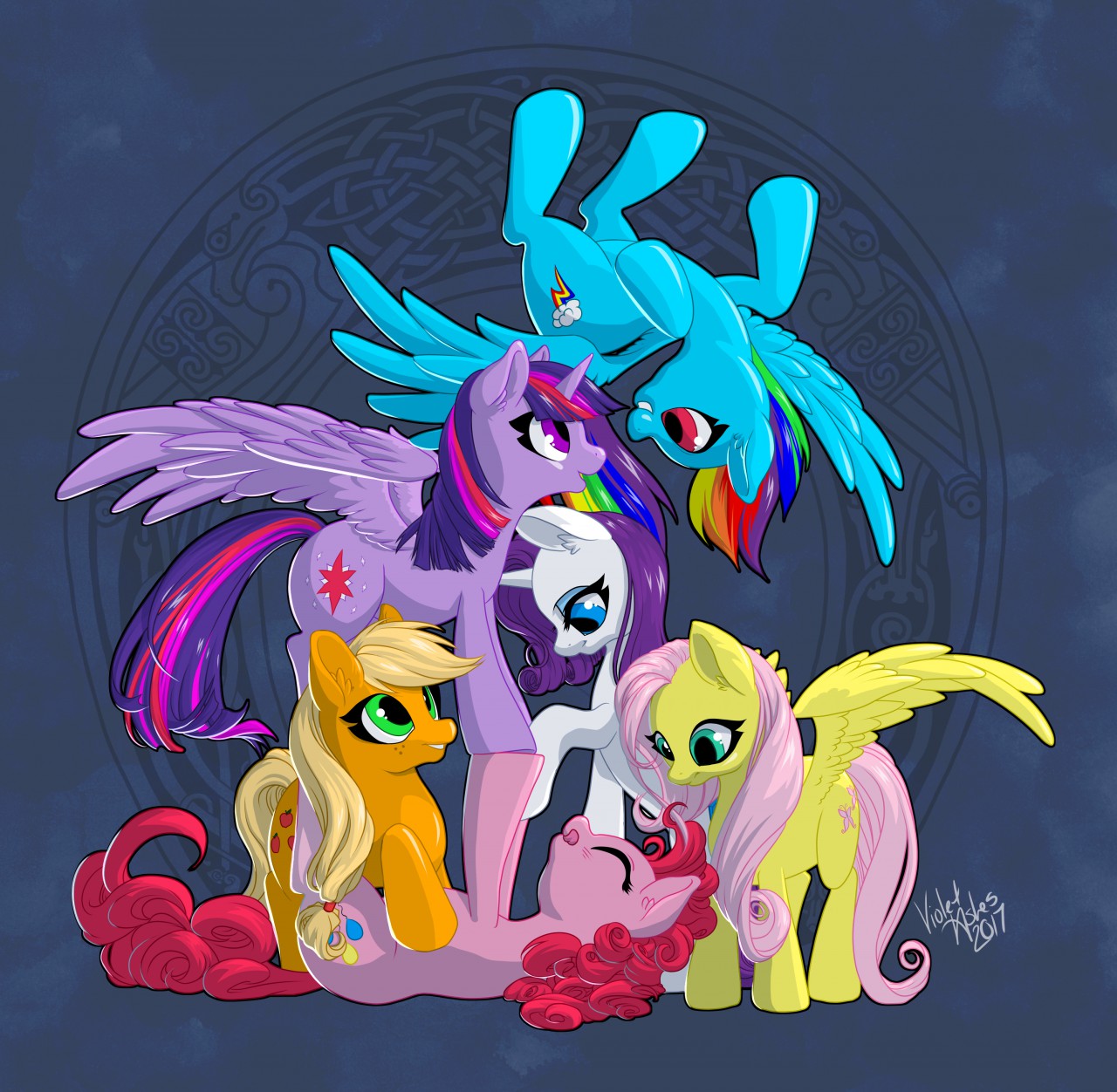 1416237__safe_artist-colon-violetashes_applejack_fluttershy_pinkie+pie_rainbow+dash_rarity_twilight+sparkle_hatless_looking+at+each+other_mane+six_on+b.jpeg