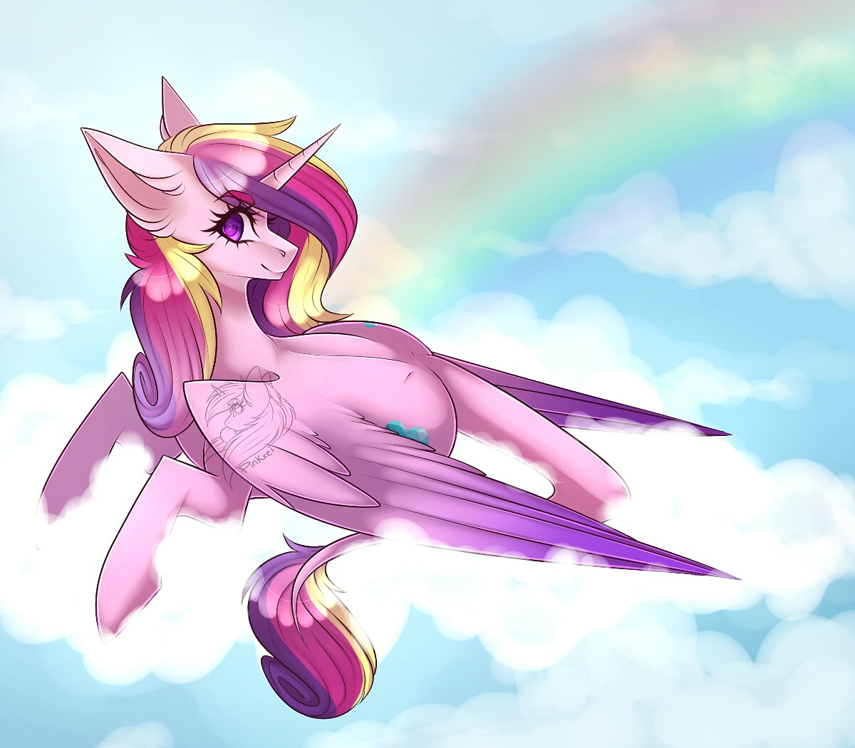 1416588__safe_artist-colon-pinkxei_princess+cadance_alicorn_cloud_colored+pupils_female_laying+down_looking+at+you_mare_missing+accessory_mother_obtrus.jpeg