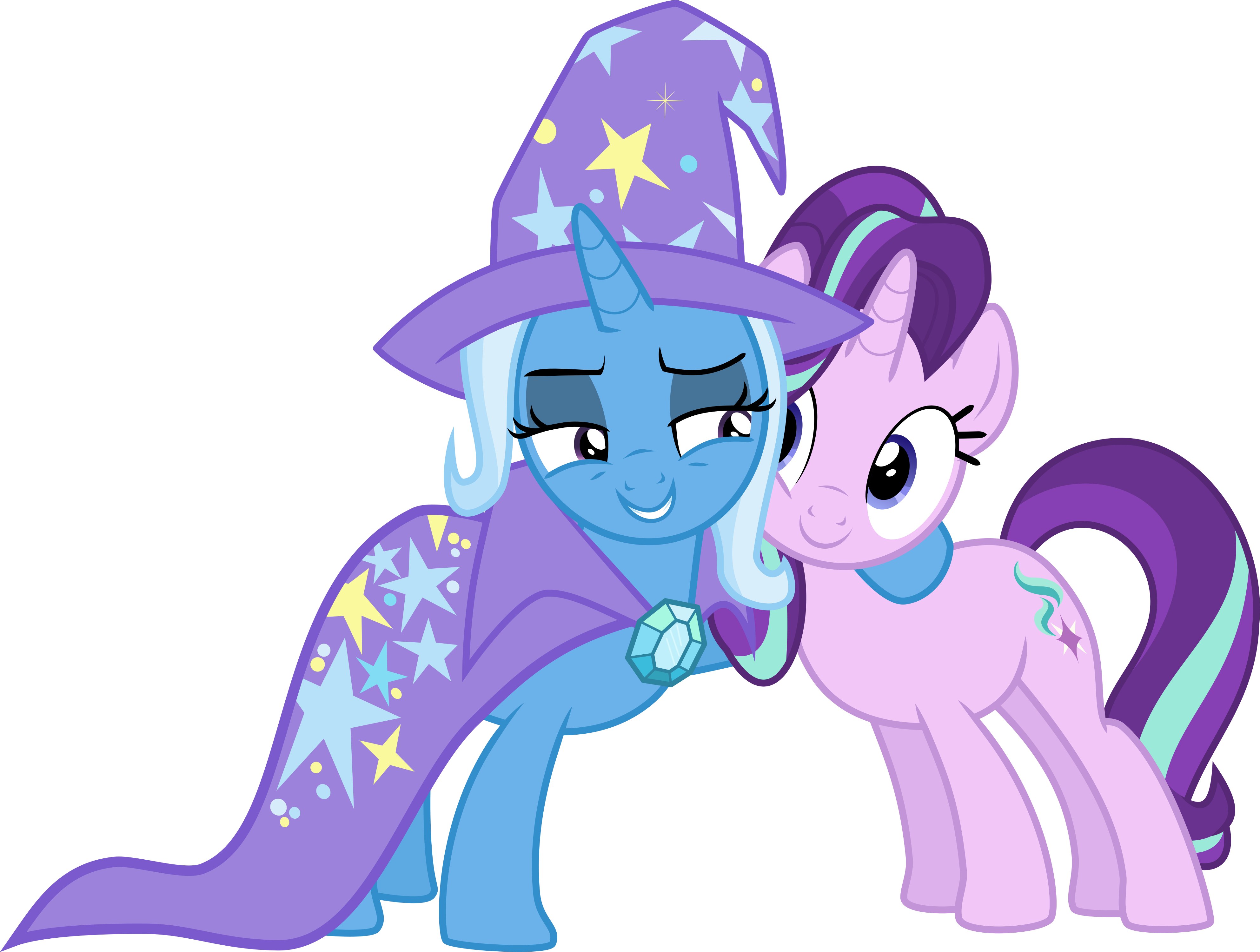 1418165__safe_artist-colon-stjonal_starlight+glimmer_trixie_to+where+and+back+again_spoiler-colon-s06e26_cape_clothes_cute_hat_hug_simple+background_-d.png