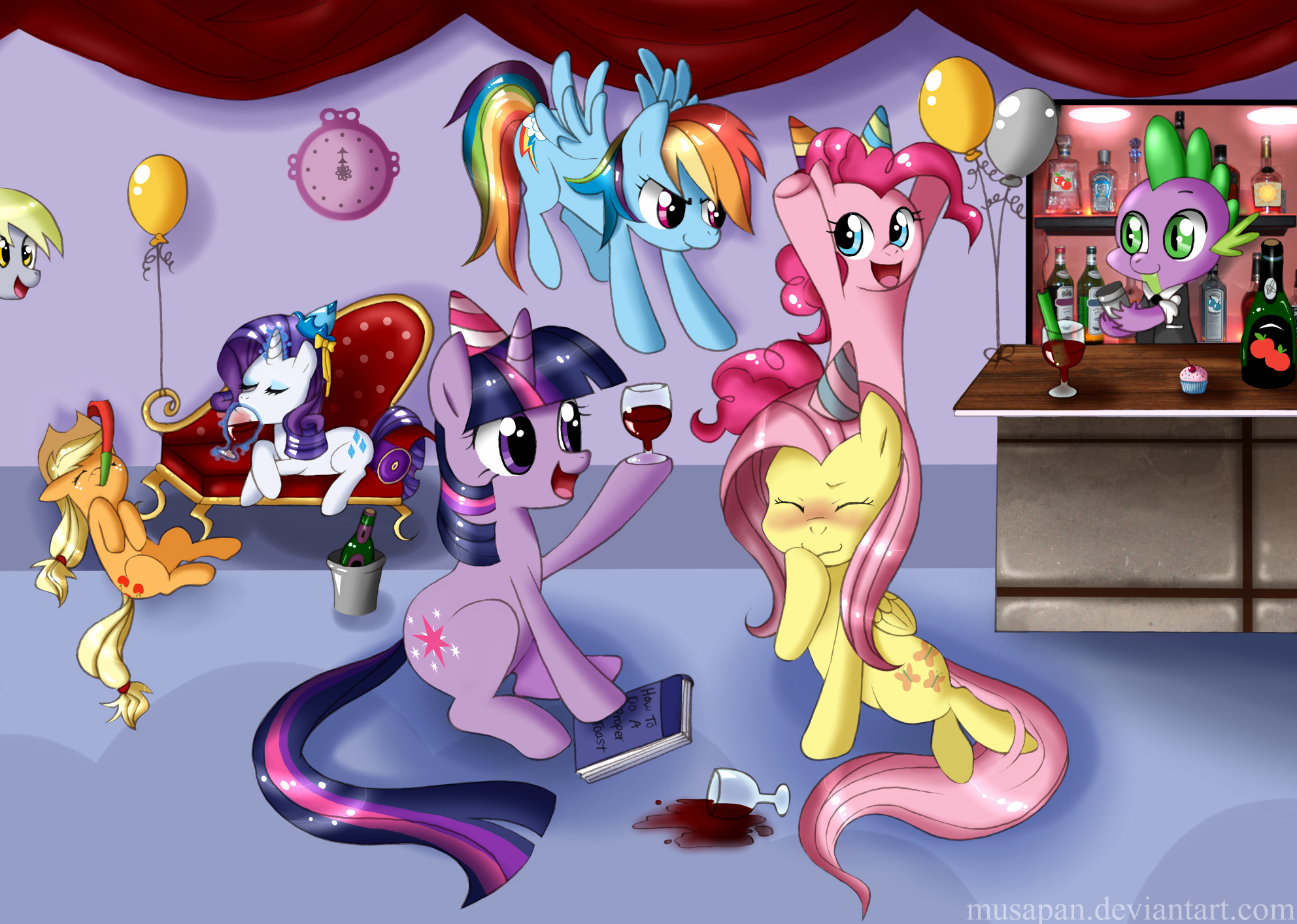 2659__safe_artist-colon-musapan_applejack_derpy+hooves_fluttershy_pinkie+pie_rainbow+dash_rarity_spike_twilight+sparkle_alcohol_balloon_blushing_book_c.png