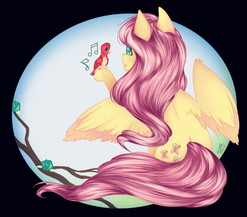 1425242__safe_artist-colon-galaxyscreamer_fluttershy_bird_female_fluttershy+day_from+behind_looking+at+something_raised+hoof_rating_sitting_solo_spread.jpeg