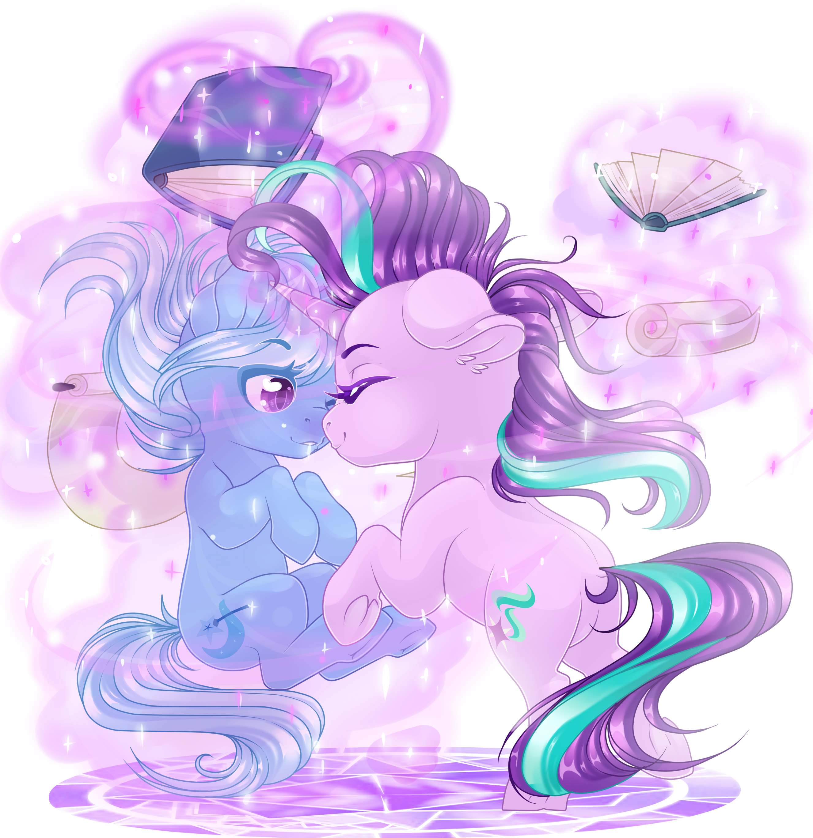 1426280__safe_artist-colon-schokocream_starlight+glimmer_trixie_book_eyes+closed_female_floppy+ears_lesbian_magic_nuzzling_rearing_scroll_shipping_simp.png