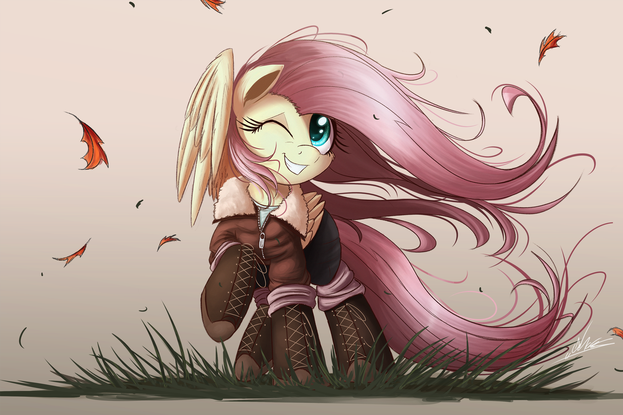1426222__safe_artist-colon-ncmares_fluttershy_boots_clothes_cute_hoof+boots_jacket_one+eye+closed_pants_raised+hoof_shyabetes_signature_solo_wind_winds.png