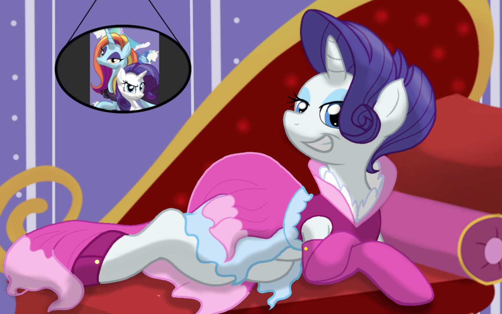 1427082__safe_artist-colon-theroyalprincesses_rarity_alternate+hairstyle_clothes_couch_dress_evening+gloves_female_gloves_grin_happy_long+gloves_lookin.png