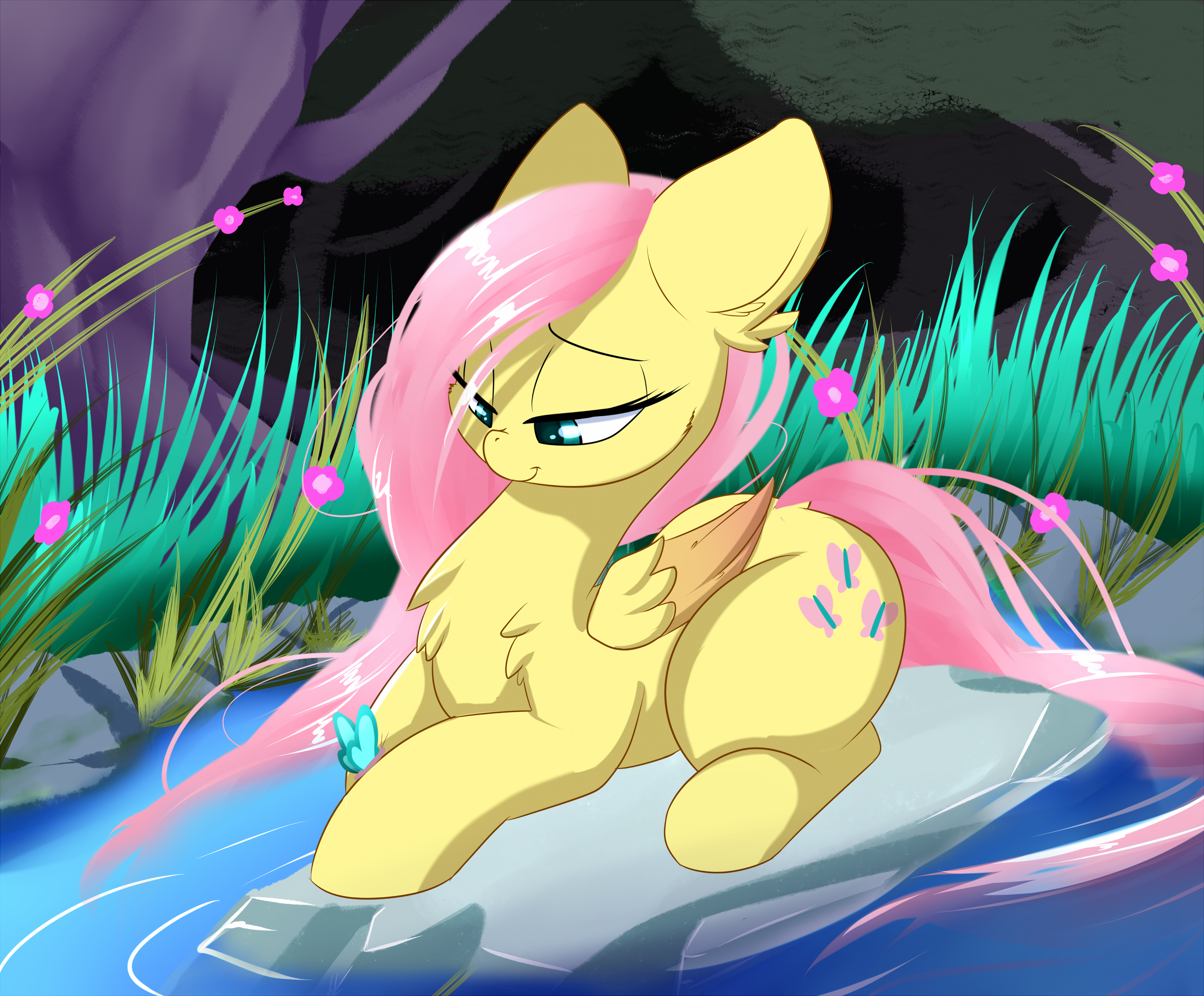 1431129__safe_artist-colon-madacon_fluttershy_butterfly_cute_female_flower_grass_lidded+eyes_mare_pegasus_pony_prone_shyabetes_smiling_solo_tree_water.png