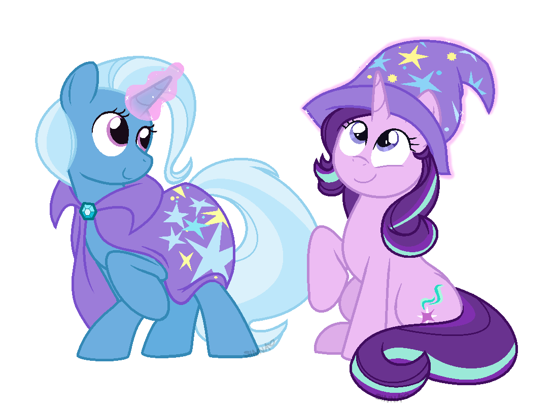 1438683__artist+needed_safe_artist-colon-sinna_starlight+glimmer_trixie_accessory+swap_cape_clothes_female_hat_lesbian_magic_pony_shipping_simple+backg.png