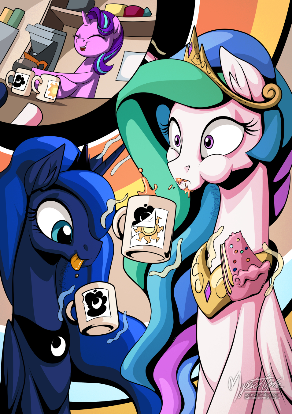 1458367__safe_artist-colon-mysticalpha_princess+celestia_princess+luna_starlight+glimmer_a+royal+problem_spoiler-colon-s07e10_alicorn_cake_coffee+mug_f.jpeg