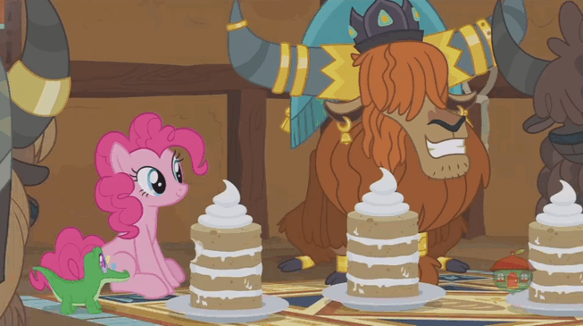 1442405__safe_screencap_gummy_pinkie+pie_prince+rutherford_not+asking+for+trouble_spoiler-colon-s07e11_animated_cake_earth+pony_eating_food_pony_yak.gif