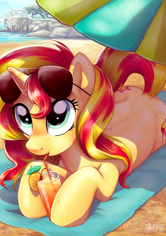 1368743__safe_artist-colon-adlynh_sunset+shimmer_beach_beach+umbrella_both+cutie+marks_cocktail+glass_cute_drink_looking+up_pony_prone_shimmerbetes_sol.jpeg