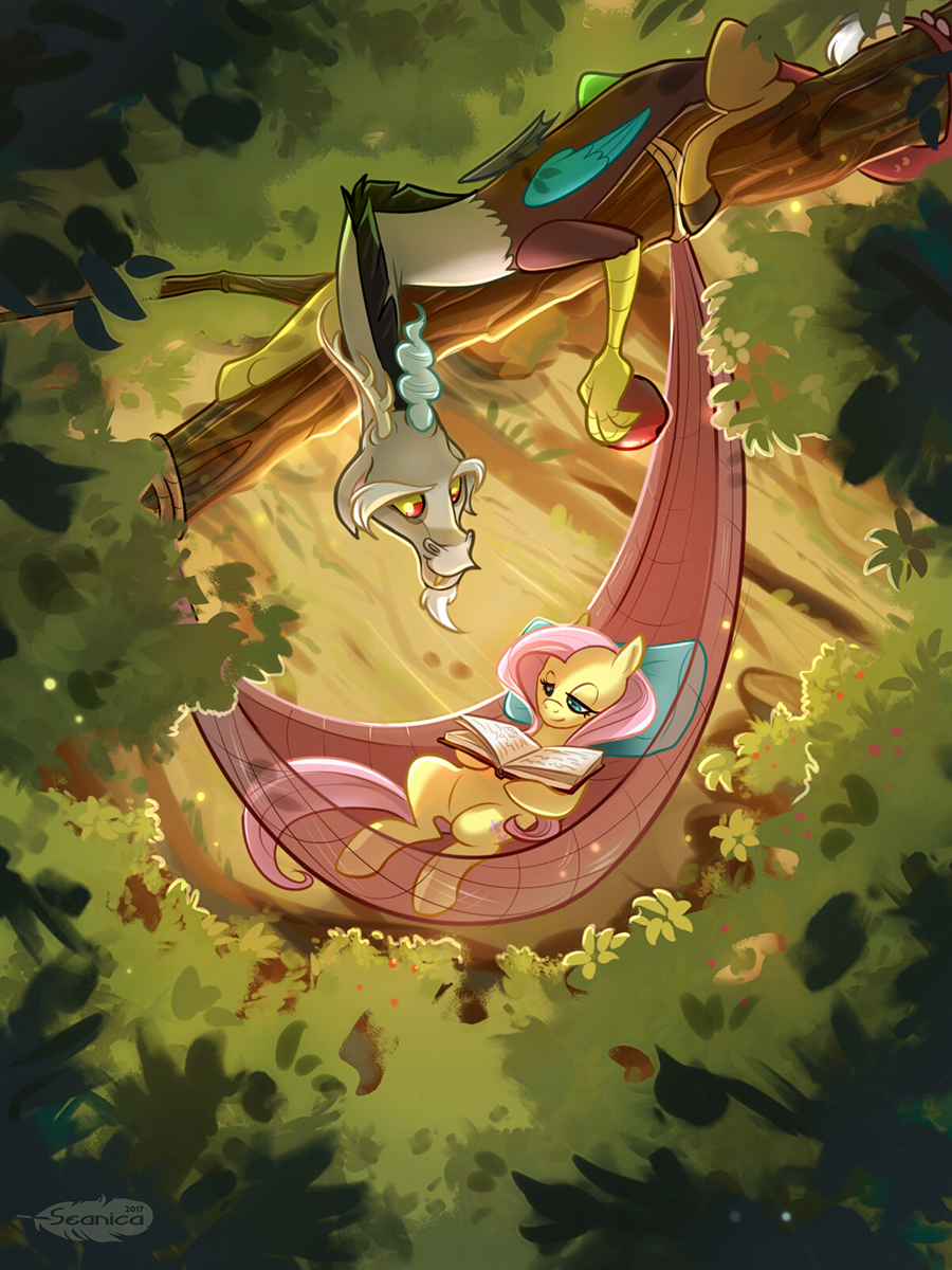 1506856__safe_artist-colon-seanica_discord_fluttershy_book_branch_discoshy_draconequus_duo_female_hammock_high+angle_male_mare_pegasus_pony_reading_shi.jpeg
