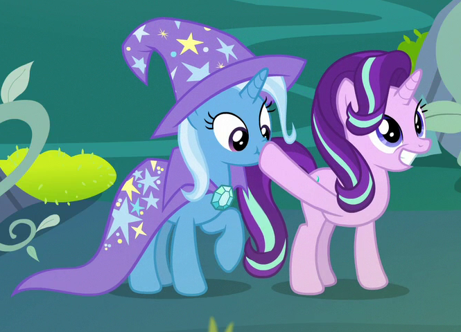 1527709__safe_screencap_starlight+glimmer_trixie_to+change+a+changeling_spoiler-colon-s07e17_boop_cape_clothes_cropped_cute_duo_grin_hat_pony_raised+ho.png