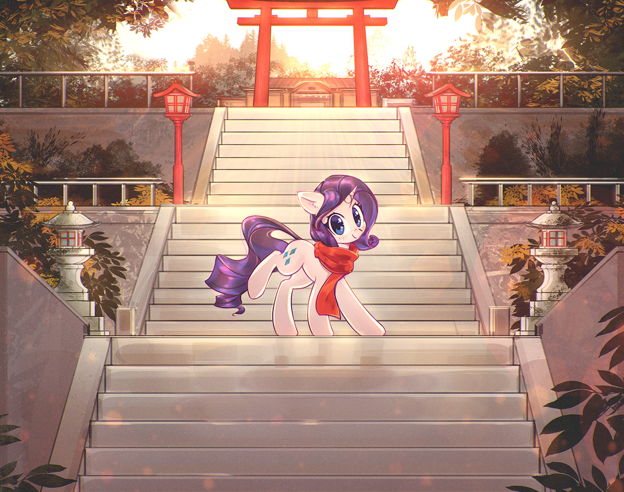 1598971__safe_artist-colon-mirroredsea_rarity_clothes_female_horn_japan_lantern_mare_raised+hoof_scarf_smiling_solo_stairs_standing_temple_torii_unicor.jpeg