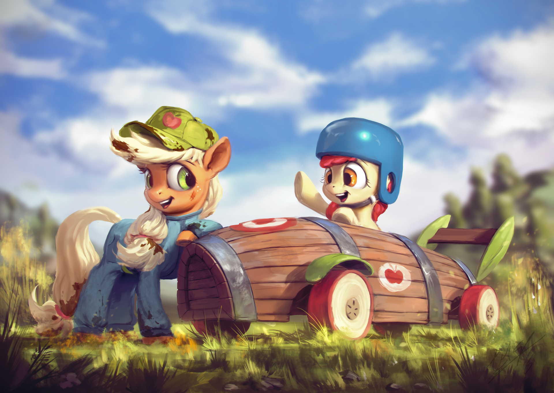 1219249__safe_artist-colon-assasinmonkey_apple+bloom_applejack_the+cart+before+the+ponies_cart_clothes_hat_helmet_mechanic_mechanic+coveralls_open+mout.png