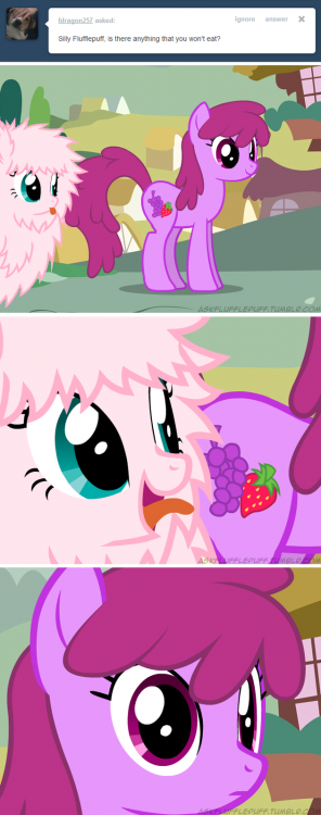 fdragon257 asked ignore answer Silly Flufflepuff, is there anything that you won't eat? FLEPUFF.TUㅆBLR.c Comics pink cartoon text mammal vertebrate fictional character horse like mammal purple comics graphic design fiction design art magenta illustration
