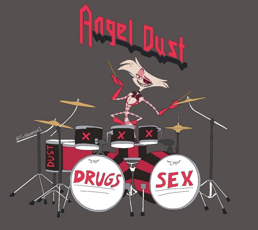 Here's our boi Angel Dust on the drums! I tried drawing Angel's ...