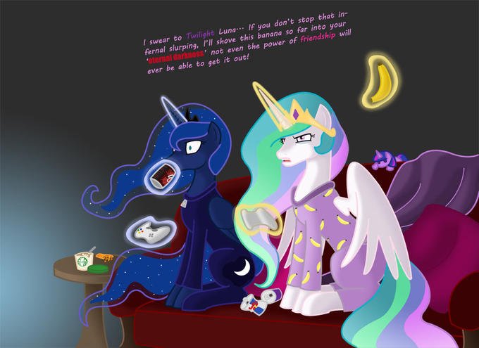 I swear to Twilight Luna. If you don't stop fernal slurp that in- ing, I'll shove this banana so far into your not even the power of friendship will ernal darlness ever be able to get it out! 32 Princess Luna Pinkie Pie Princess Celestia Pony cartoon mammal vertebrate horse like mammal fictional character purple mythical creature art