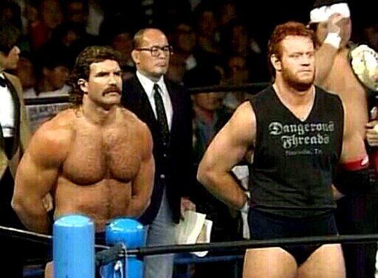 r/njpw - TIL Undertaker (as Punisher Dice Morgan) wrestled in NJPW for about 3 weeks between his WCW and WWE stints. This is him with Scott Hall (not Rick Rude) challenging Masa Saito and Shinya Hashimoto for the IWGP Tag Team Championship.