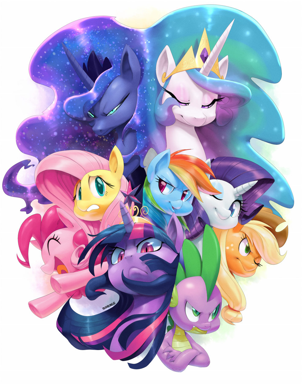 e621 2015 applejack_(mlp) blue_fur cowboy_hat dragon earth_pony equine female fluttershy_(mlp) friendship_is_magic fur green_eyes group hair hat hi_res horn horse mammal multicolored_hair my_little_pony pink_hair pinkie_pie_(mlp) pony princess_celestia_(mlp) princess_luna_(mlp) purple_eyes purple_fur purple_hair rainbow_dash_(mlp) rainbow_hair rarity_(mlp) red_eyes scalie slit_pupils sparkles spike_(mlp) sunibee twilight_sparkle_(mlp) two_tone_hair unicorn