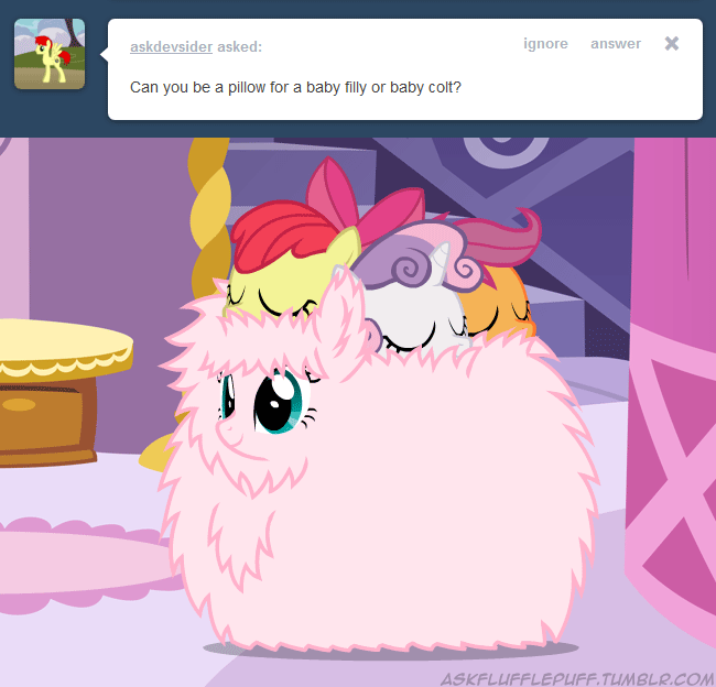 askdevsider asked: ignore answer Can you be a pillow for a baby filly or baby colt? ASKFLUFFLEPUFF. TUMBLR.COM Sweetie Belle Apple Bloom Pony pink text cartoon vertebrate fictional character