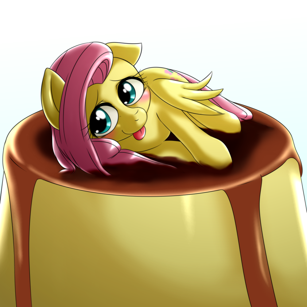 e621 2015 behind-space blush cute equine feathered_wings feathers female feral flan fluttershy_(mlp) food friendship_is_magic mammal micro my_little_pony pegasus smile solo tongue tongue_out wings yellow_feathers