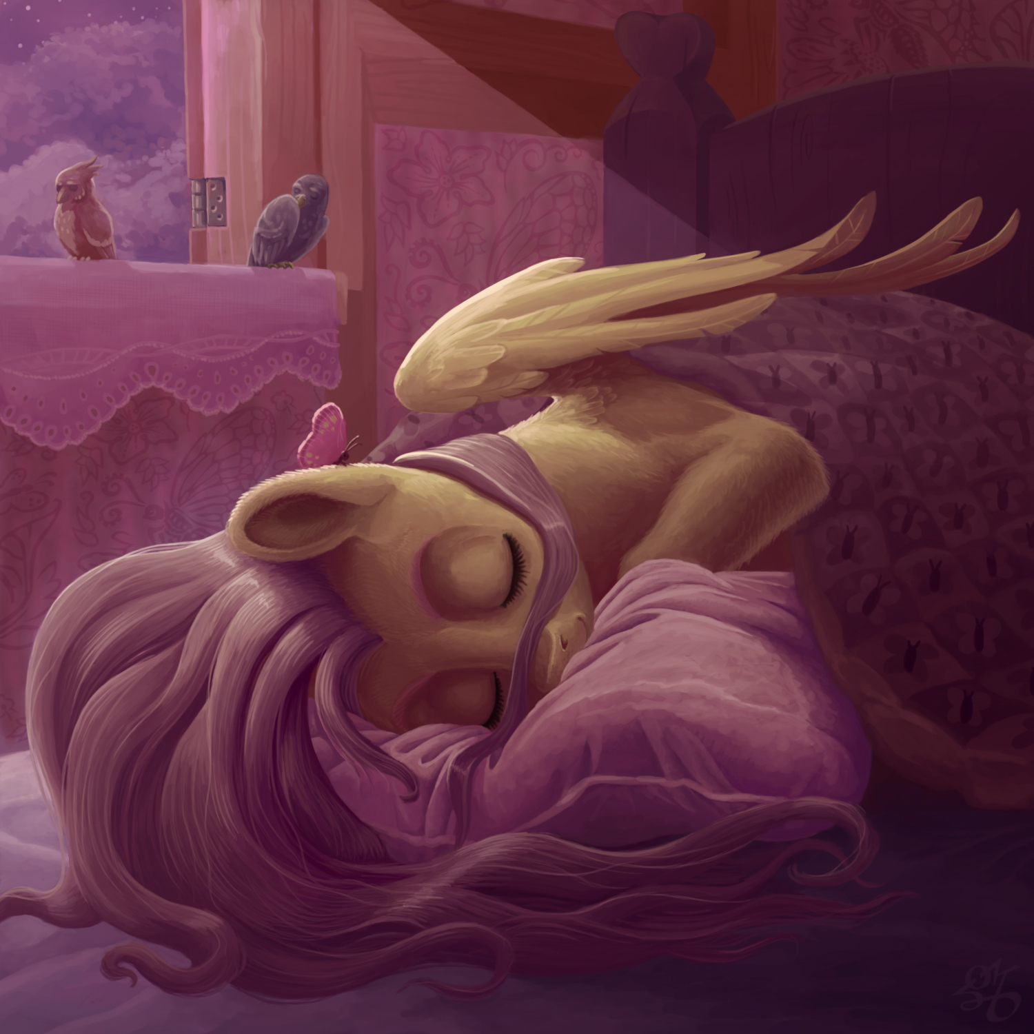 e621 2015 ambiguous_gender avian bed bird blue_feathers equine eyes_closed feathered_wings feathers female fluttershy_(mlp) friendship_is_magic gor1ck group hi_res lying mammal my_little_pony night nude pegasus red_feathers size_difference sleeping window wings yellow_feathers