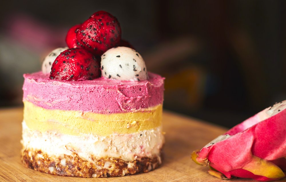 Raw Triple Layer Mango Dragonfruit Cake - Delightful Vegans