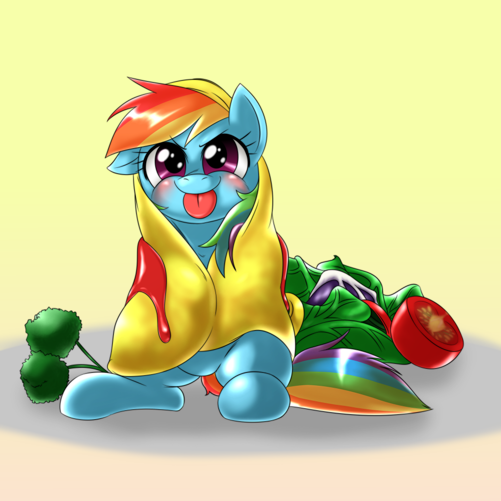 e621 2015 behind-space blue_fur blush cute equine female feral food friendship_is_magic fruit fur hair horse mammal micro multicolored_hair my_little_pony omelette pony purple_eyes rainbow_dash_(mlp) rainbow_hair smile solo taco tomato tongue tongue_out