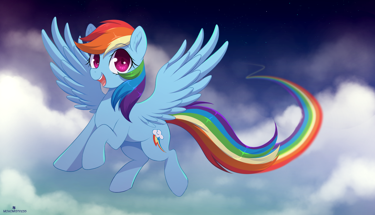 e621 2017 blue_feathers cloud cutie_mark equine eyelashes feathered_wings feathers female feral flying friendship_is_magic hair hooves long_hair looking_at_viewer mammal momomistress multicolored_hair multicolored_tail my_little_pony night open_mouth open_smile outside pegasus pink_eyes rainbow_dash_(mlp) rainbow_hair rainbow_tail sky smile solo star starry_sky wings