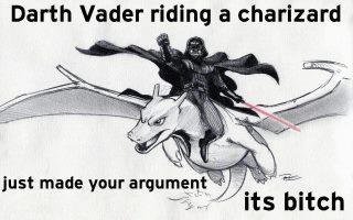 Darth Vader riding a charizard just made your argument its bitch Anakin Skywalker Ash Ketchum mammal black and white horse like mammal fictional character